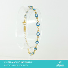 Cargar imagen en el visor de la galería, Pulsera Ojo Turco Azul Dorada (18cm-4mm) Acero Inoxidable
