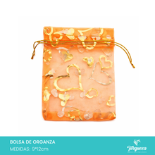 Cargar imagen en el visor de la galería, 50 Bolsas de Organza Naranja con Corazones Dorados (9x12cm)
