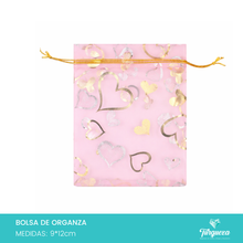 Load image into Gallery viewer, Bolsa de Organza Rosa con Corazones Dorados (50pzas 9x12cm)
