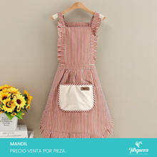 Cargar imagen en el visor de la galería, Mandil de Cocina Lineas Rojas con Bolsa Secado Facil Tela de Toalla
