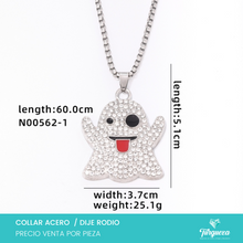 Cargar imagen en el visor de la galería, Collar Emoji Fantasma con Zirconias Plateado Cadena Acero Inoxidable - Dije  Rodio
