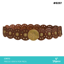 Cargar imagen en el visor de la galería, Cinto Bohemio Circulos para Dama Café Hebilla Dorado Viejo #8297
