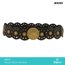 Cargar imagen en el visor de la galería, Cinto Bohemio Circulos para Dama Negro Hebilla Dorado Viejo #8295

