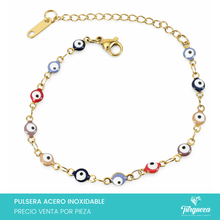 Load image into Gallery viewer, Pulsera Ojo Turco Multicolor 3 Dorada (18cm-4mm) Acero Inoxidable
