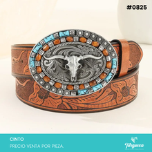 Cargar imagen en el visor de la galería, Cinto Vaquero Café para Dama Hebilla de Toro con Aplicaciones #0825
