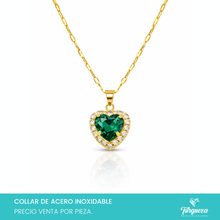 Load image into Gallery viewer, Collar Corazon Zirconia Verde Fuerte Acero Inoxidable
