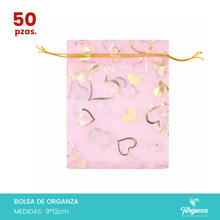 Cargar imagen en el visor de la galería, 50 Bolsas de Organza Rosa con Corazones Dorados (9x12cm)
