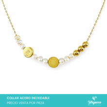 Cargar imagen en el visor de la galería, Collar San benito Perlas de Rio Dorado Acero Inoxidable
