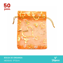 Cargar imagen en el visor de la galería, 50 Bolsas de Organza Naranja con Corazones Dorados (9x12cm)
