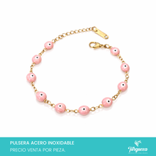 Load image into Gallery viewer, Pulsera Ojo Turco Rosa Claro Dorada (18cm-6mm) Acero Inoxidable
