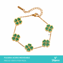 Cargar imagen en el visor de la galería, Pulsera Trebol Verde Doble Cara Dorada Acero Inoxidable
