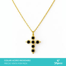 Load image into Gallery viewer, Collar Cruz con Zirconias Negras Dorado Acero Inoxidable

