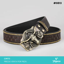 Cargar imagen en el visor de la galería, Cinto Vaquero para Dama Café Hebilla Toros Dorado Viejo #0813

