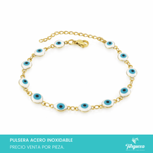 Cargar imagen en el visor de la galería, Pulsera Ojo Turco Blanco Dorada (18cm-6mm) Acero Inoxidable
