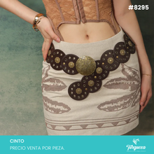 Cargar imagen en el visor de la galería, Cinto Bohemio Circulos para Dama Negro Hebilla Dorado Viejo #8295
