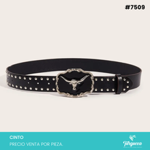 Cargar imagen en el visor de la galería, Cinto Vaquero para Dama Hebilla de Toro Plateado con Negro #7509
