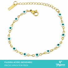 Load image into Gallery viewer, Pulsera Ojo Turco Blanco Dorado (18cm-4mm) Acero Inoxidable

