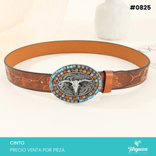 Cargar imagen en el visor de la galería, Cinto Vaquero Café para Dama Hebilla de Toro con Aplicaciones #0825
