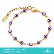 Cargar imagen en el visor de la galería, Pulsera Ojo Turco Morada Dorada (18cm-4mm) Acero Inoxidable
