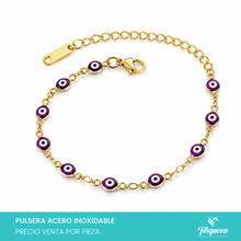 Cargar imagen en el visor de la galería, Pulsera Ojo Turco Uva Dorado (18cm-4mm) Acero Inoxidable
