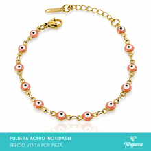 Cargar imagen en el visor de la galería, Pulsera Ojo Turco Rosa Dorado (18cm-4mm) Acero Inoxidable
