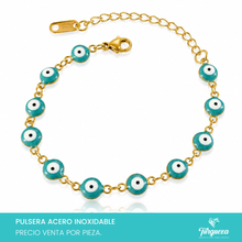 Cargar imagen en el visor de la galería, Pulsera Ojo Turco Turquesa Dorado (18cm-6mm) Acero Inoxidable

