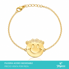 Cargar imagen en el visor de la galería, Pulsera Carita Feliz con Tiara Dorada Acero Inoxidable
