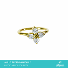 Load image into Gallery viewer, Anillo Zirconias Flor Dorado Acero Inoxidable
