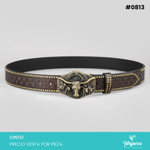 Cargar imagen en el visor de la galería, Cinto Vaquero para Dama Café Hebilla Toros Dorado Viejo #0813
