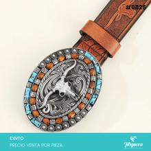 Cargar imagen en el visor de la galería, Cinto Vaquero Café para Dama Hebilla de Toro con Aplicaciones #0825
