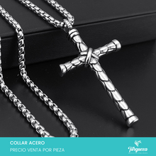 Cargar imagen en el visor de la galería, Collar Cruz Con Textura Acero Inoxidable - Dije Rodio
