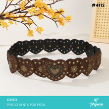 Cargar imagen en el visor de la galería, Cinto Bohemio Corazones para Dama Café Hebilla Dorado Viejo #4112
