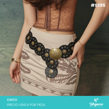 Cargar imagen en el visor de la galería, Cinto Bohemio Circulos para Dama Negro Hebilla Dorado Viejo #8295
