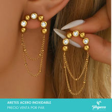 Cargar imagen en el visor de la galería, Arete Arco con Zirconias y cadenas Dorado  (4cm)  Acero Inoxidable
