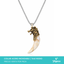 Cargar imagen en el visor de la galería, Collar Lobo Colmill Blanco Plateado Cadena Acero Inoxidable - Dije  Rodio

