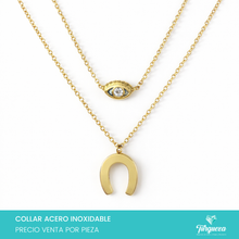 Cargar imagen en el visor de la galería, Collar Suerte Doble Ojo y Herradura Dorado Acero Inoxidable
