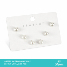 Load image into Gallery viewer, Arete Broquel 3Pack Perla Plateado Acero Inoxidable
