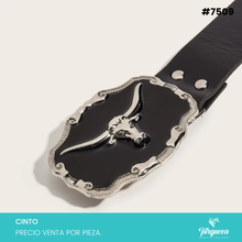 Cargar imagen en el visor de la galería, Cinto Vaquero para Dama Hebilla de Toro Plateado con Negro #7509
