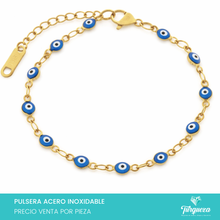 Cargar imagen en el visor de la galería, Pulsera Ojo Turco Azul Dorada (18cm-4mm) Acero Inoxidable
