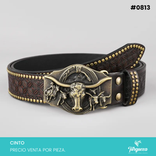 Cargar imagen en el visor de la galería, Cinto Vaquero para Dama Café Hebilla Toros Dorado Viejo #0813
