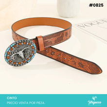 Cargar imagen en el visor de la galería, Cinto Vaquero Café para Dama Hebilla de Toro con Aplicaciones #0825

