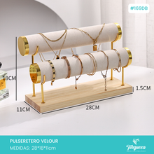 Load image into Gallery viewer, Exhibidor Pulseretero Doble Tubo Tela Terciopelo Beige Dorado / Madera
