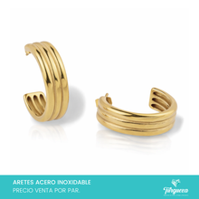 Cargar imagen en el visor de la galería, Arete 3 Lineas Dorado (2.5cm) Acero Inoxidable

