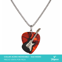 Cargar imagen en el visor de la galería, Collar Guitarra con Pua Roja Plateado Acero Inoxidable - Dije Rodio
