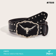 Cargar imagen en el visor de la galería, Cinto Vaquero para Dama Hebilla de Toro Plateado con Negro #7509
