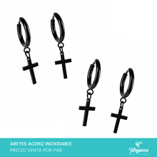 Load image into Gallery viewer, Arete Cruz Negro 3cm  (Pack 2 pares) Acero Inoxidable
