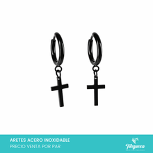 Load image into Gallery viewer, Arete Cruz Negro 3cm  (Pack 2 pares) Acero Inoxidable
