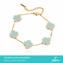 Cargar imagen en el visor de la galería, Pulsera Trebol Azul Doble Cara Dorada Acero Inoxidable
