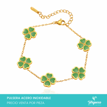 Cargar imagen en el visor de la galería, Pulsera Trebol Verde Doble Cara Dorada Acero Inoxidable
