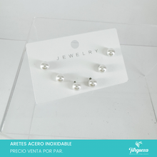 Load image into Gallery viewer, Arete Broquel 3Pack Perla Plateado Acero Inoxidable
